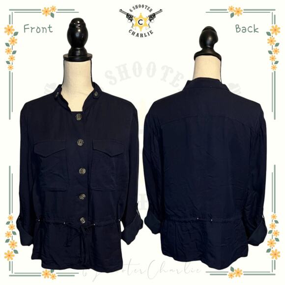 NWT White House Black Market Long Sleeve Soft Jacket Sz 16 Navy Waist Drawstring - Picture 1 of 8